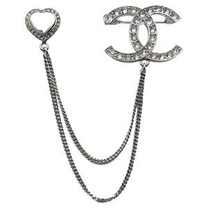 CHANEL Silver Crystal Double CC Heart Brooch